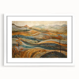Abstract art print featuring warm autumnal shades on a white framed canvas, suitable for dining room or bedroom decor.
