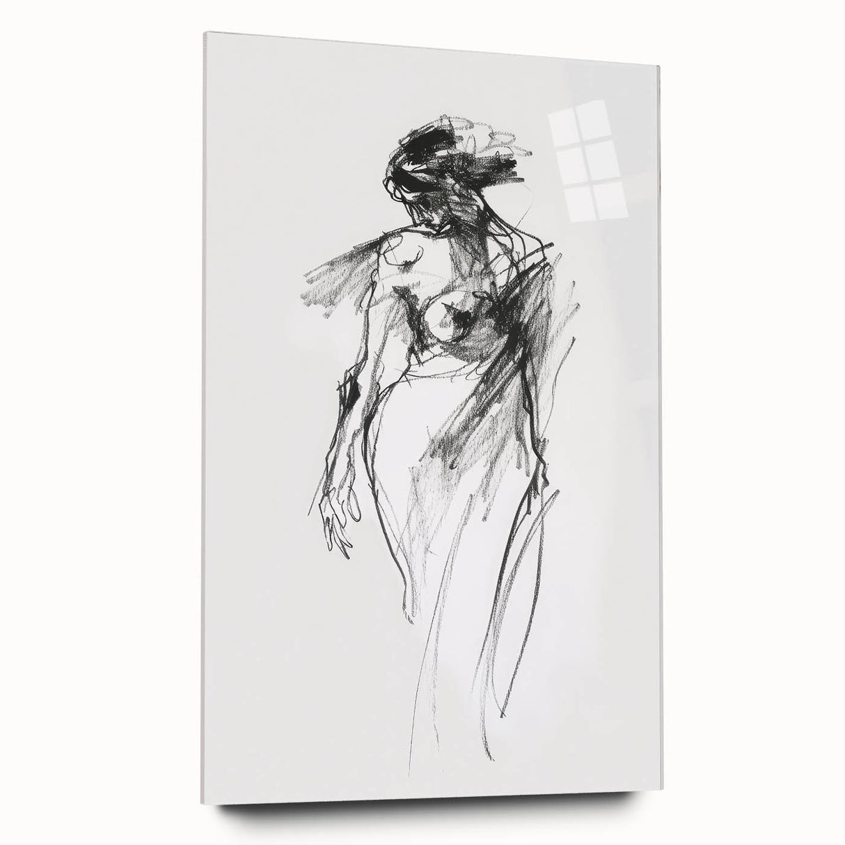 Abstract figurative acrylic artwork displayed in a glass frame, showcasing vibrant colors and fluid shapes from a side view, perfect for modern decor.