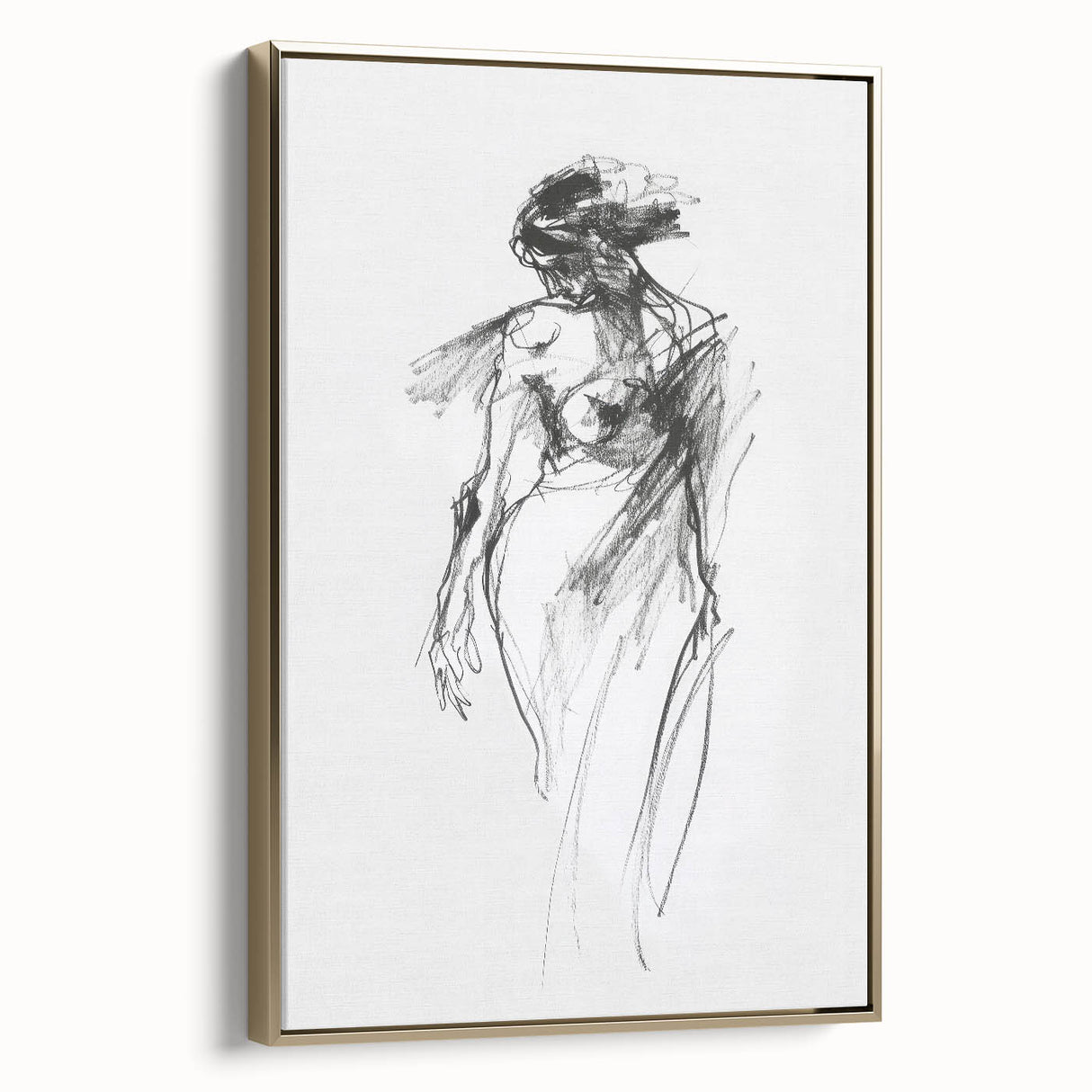 Framed abstract figurative canvas art in gold tones, showcasing unique shapes and textures, ideal for modern home decor, displayed from a side view.