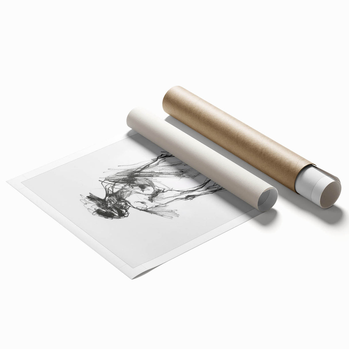 Abstract figurative art print showcasing vibrant colors and dynamic shapes, elegantly rolled for display, ideal for modern home decor or artistic spaces.
