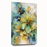 Abstract floral acrylic glass artwork displayed from the side, showcasing vibrant colors and intricate designs, secured with decorative pins for a modern touch.