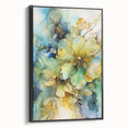 Framed canvas artwork showcasing abstract floral designs in vibrant colors, displayed against a black background, ideal for modern home decor.