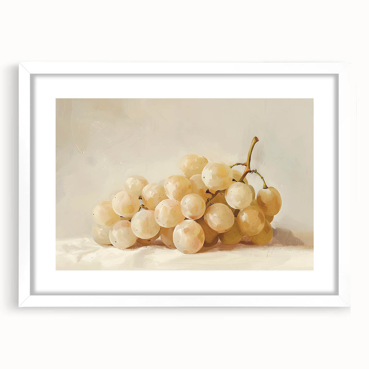 Abstract art print featuring assorted fruits in vibrant colors on a white framed poster, ideal for dining room decor.