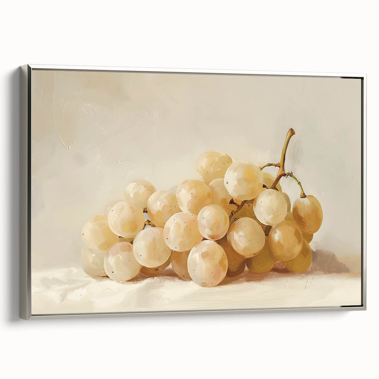Landscape art painting featuring colorful fruits on a black background, framed in silver, ideal for kitchen decor.