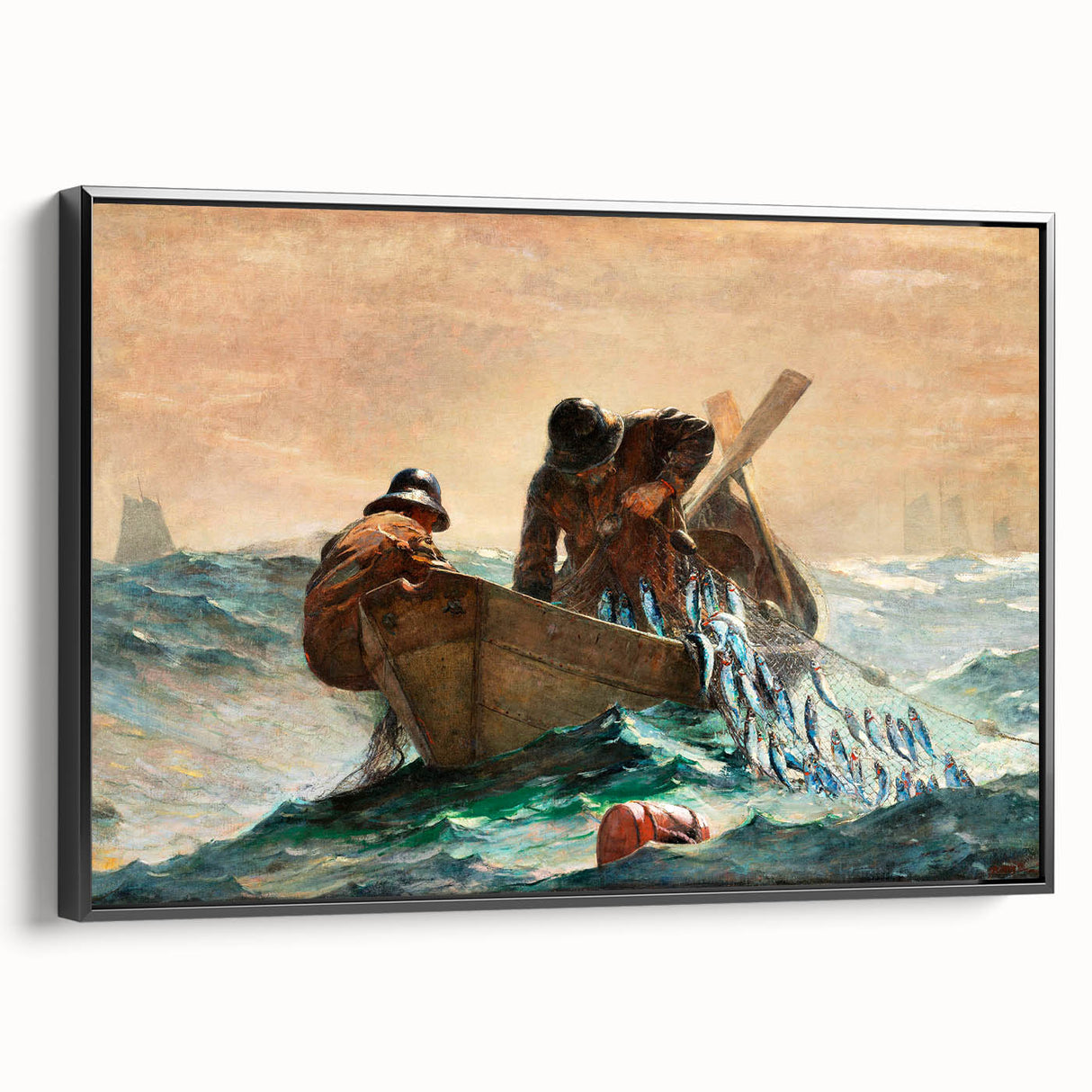 Dynamic Realism Art Print of Fishermen at Sea with Herring Net Catch