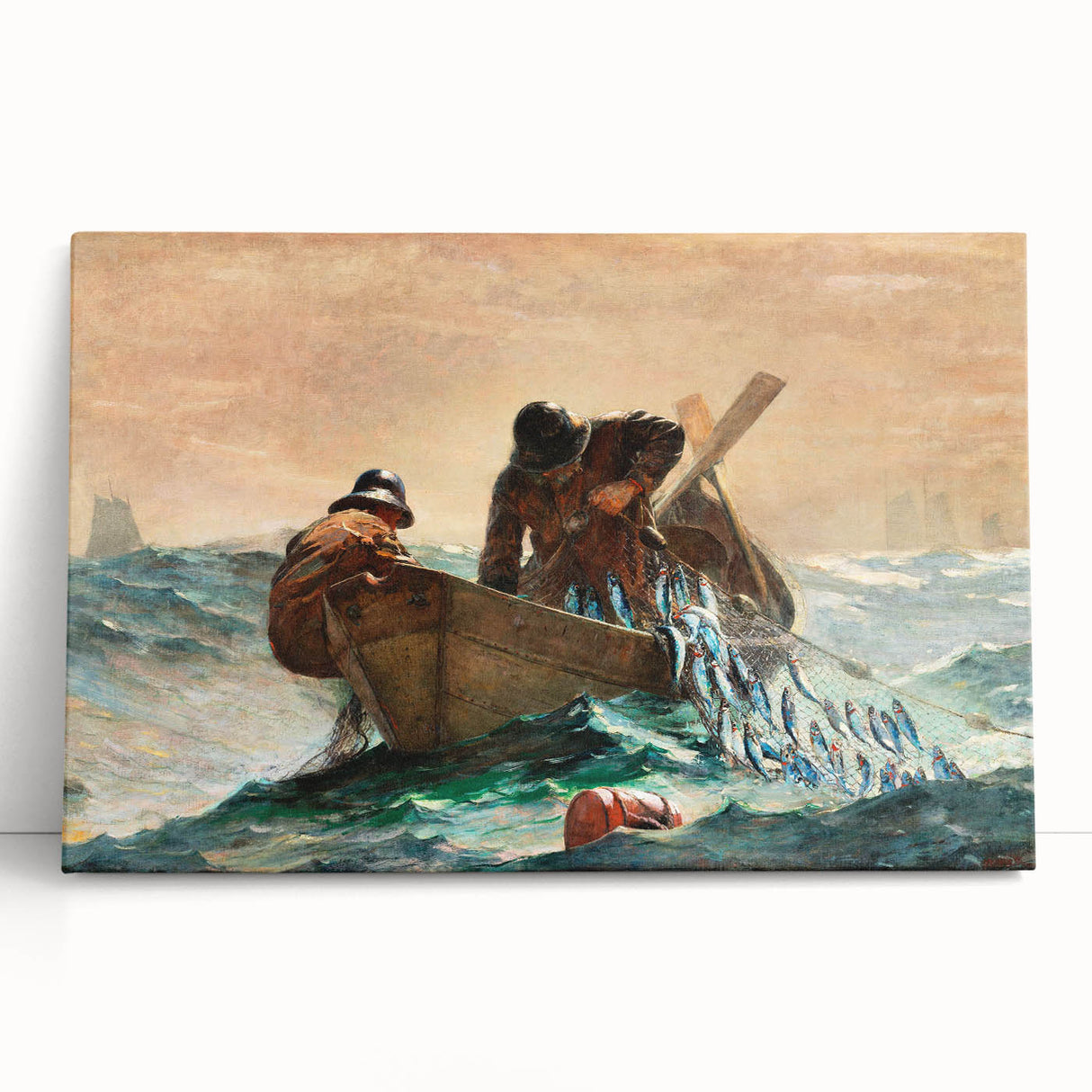 Dynamic Realism Art Print of Fishermen at Sea with Herring Net Catch