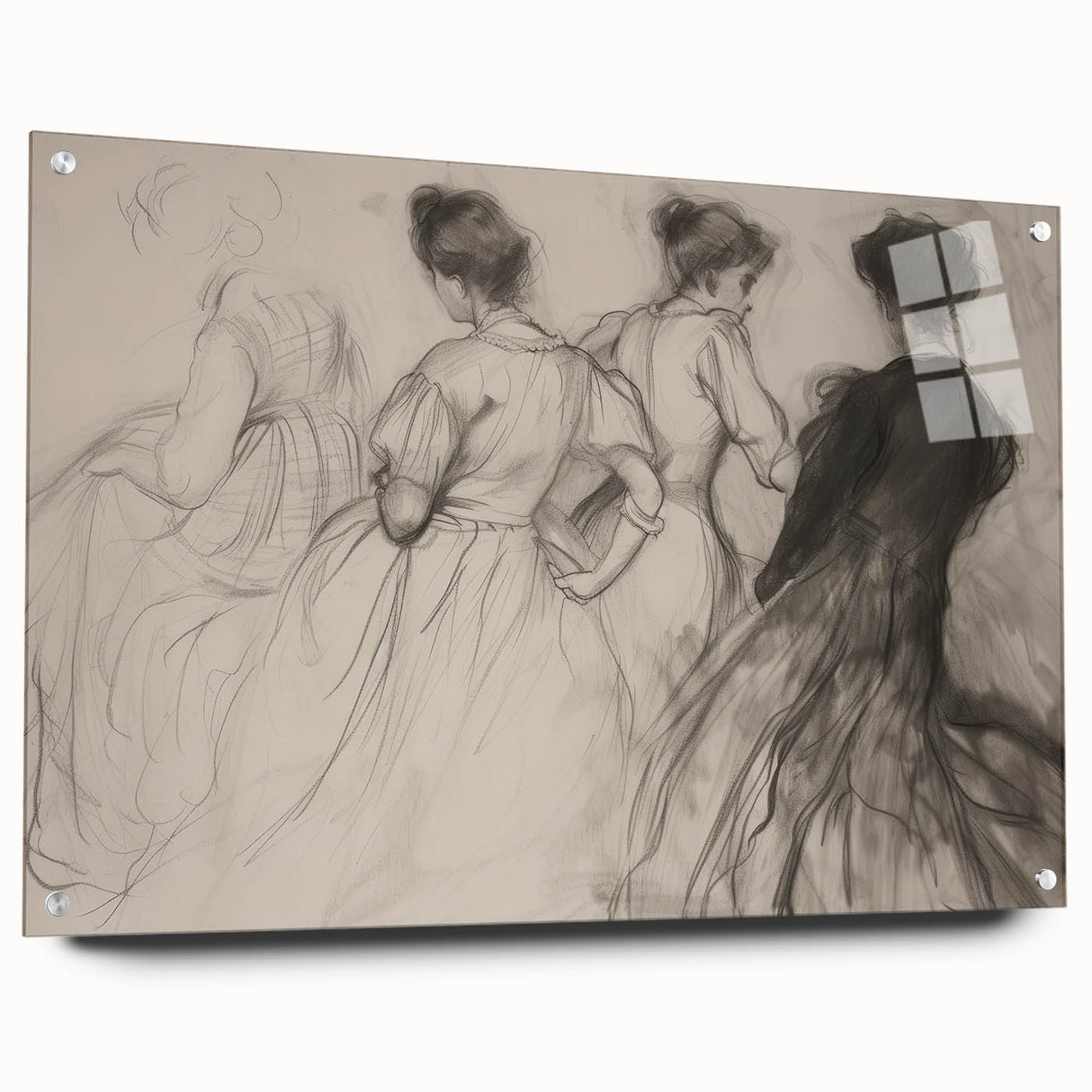 Abstract figurative acrylic artwork displayed in a glass frame, showcasing vibrant colors and intricate pin details, ideal for modern home decor.