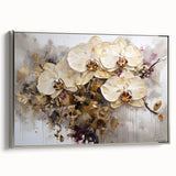 Framed canvas artwork showcasing an abstract floral design in vibrant colors, featuring a sleek silver frame and side view display, perfect for modern decor.