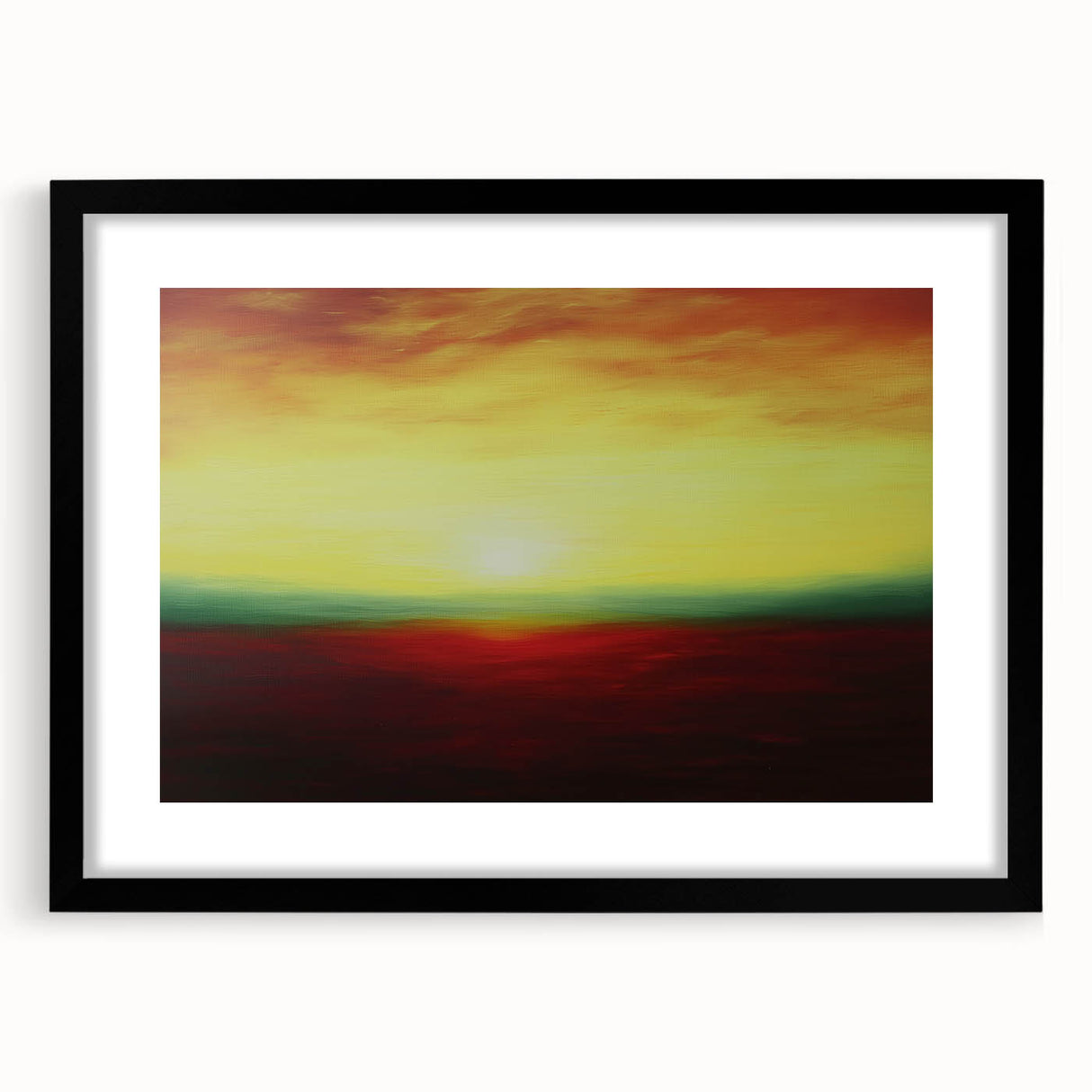 Abstract landscape artwork in a black frame with matting, showcasing vibrant colors and dynamic shapes, ideal for modern home decor and artistic displays.