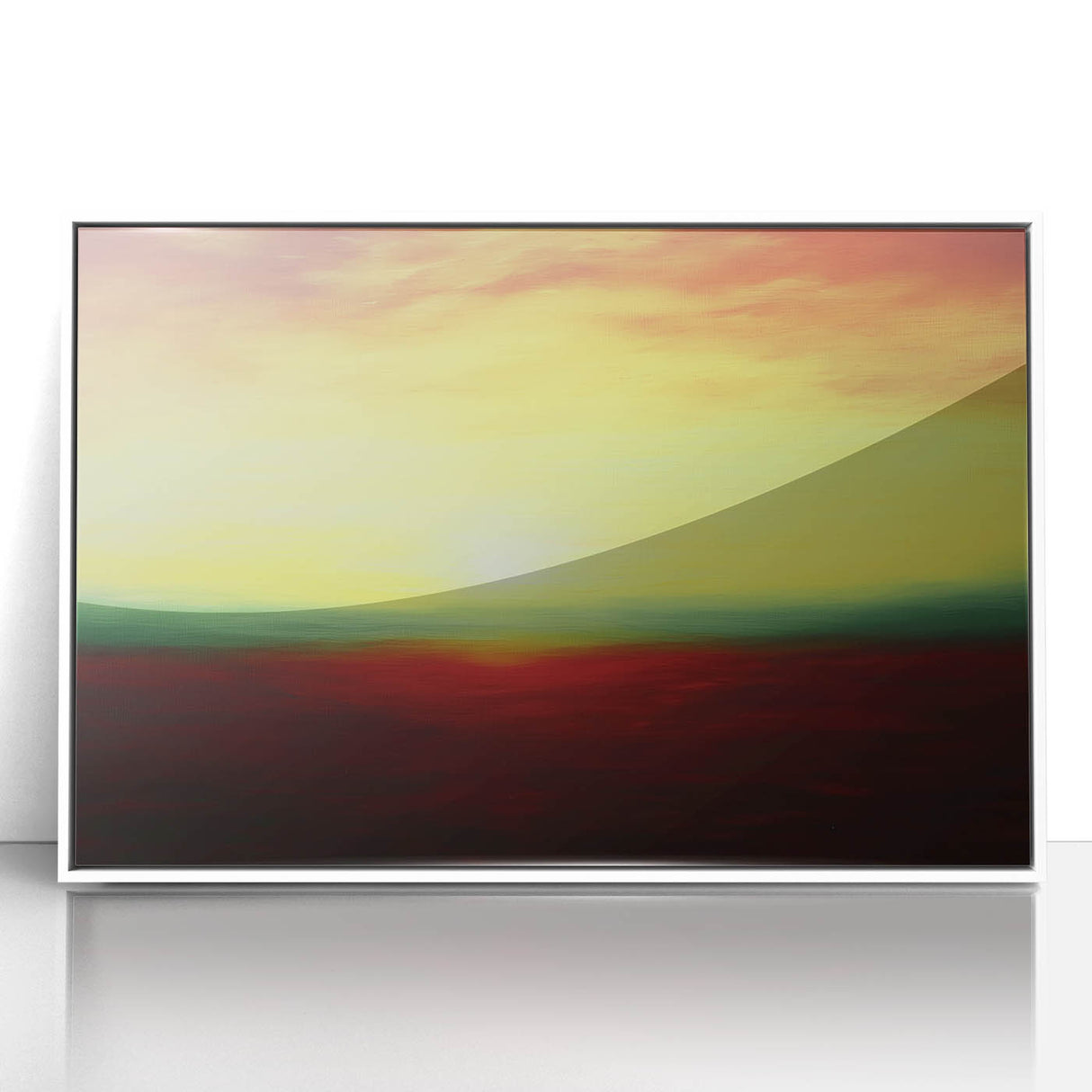Framed abstract landscape artwork in a white frame, showcasing vibrant colors and fluid shapes, ideal for modern home decor and contemporary art enthusiasts.