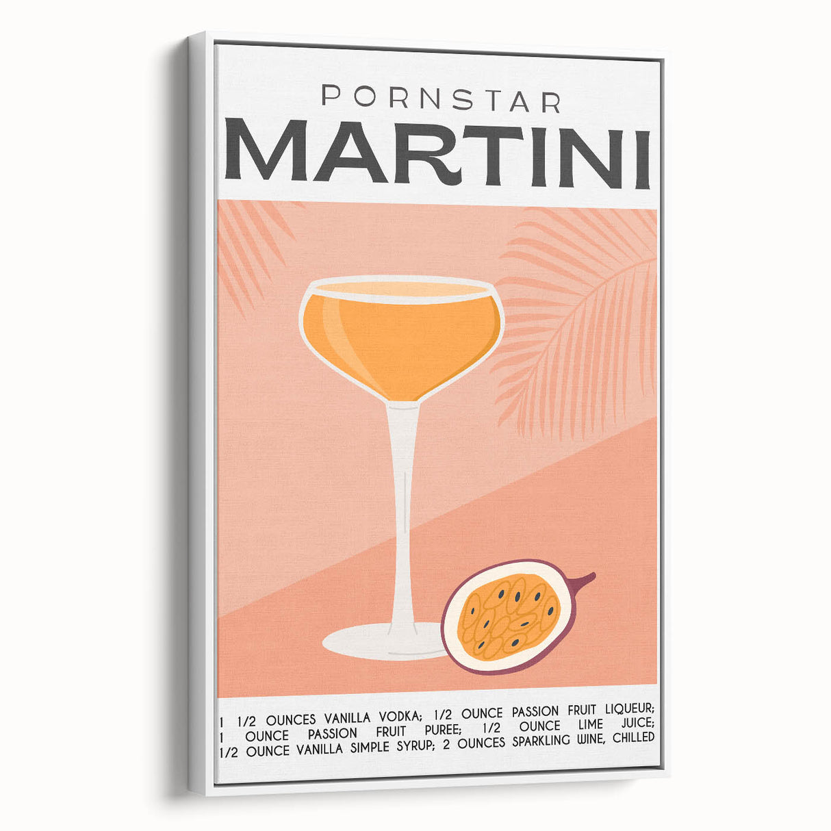 Vintage poster art of vibrant fruits and beverages on a white framed canvas, ideal for living room decor.