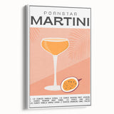 Vintage poster art of vibrant fruits and beverages on a white framed canvas, ideal for living room decor.