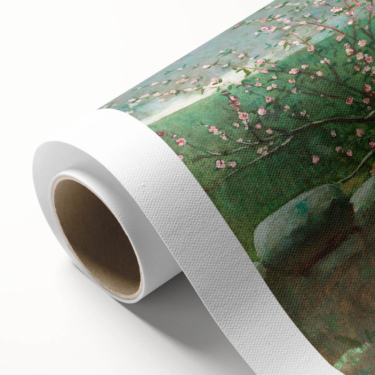 Charming Realism Art Print of Woman by Peach Blossoms in Pastoral Scene