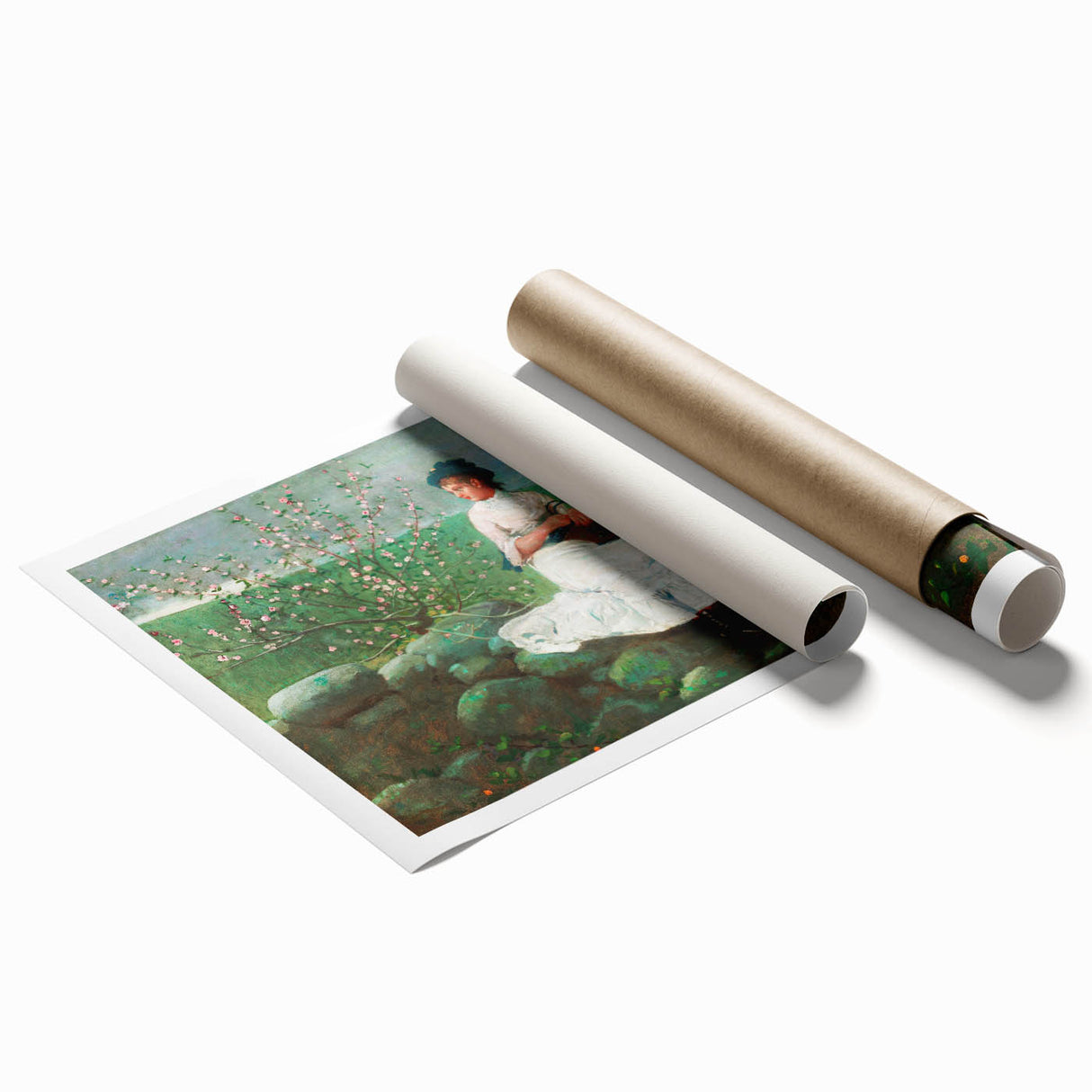 Charming Realism Art Print of Woman by Peach Blossoms in Pastoral Scene