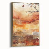 Framed canvas featuring a vintage-style landscape painting with autumnal trees in gold and black tones.