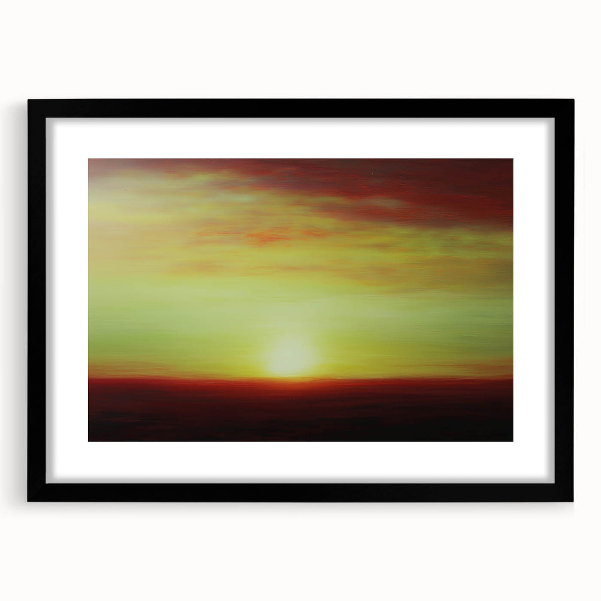 Abstract landscape artwork framed in black, showcasing vivid colors and dynamic shapes, perfect for modern home decor. Ideal for enhancing contemporary interiors.