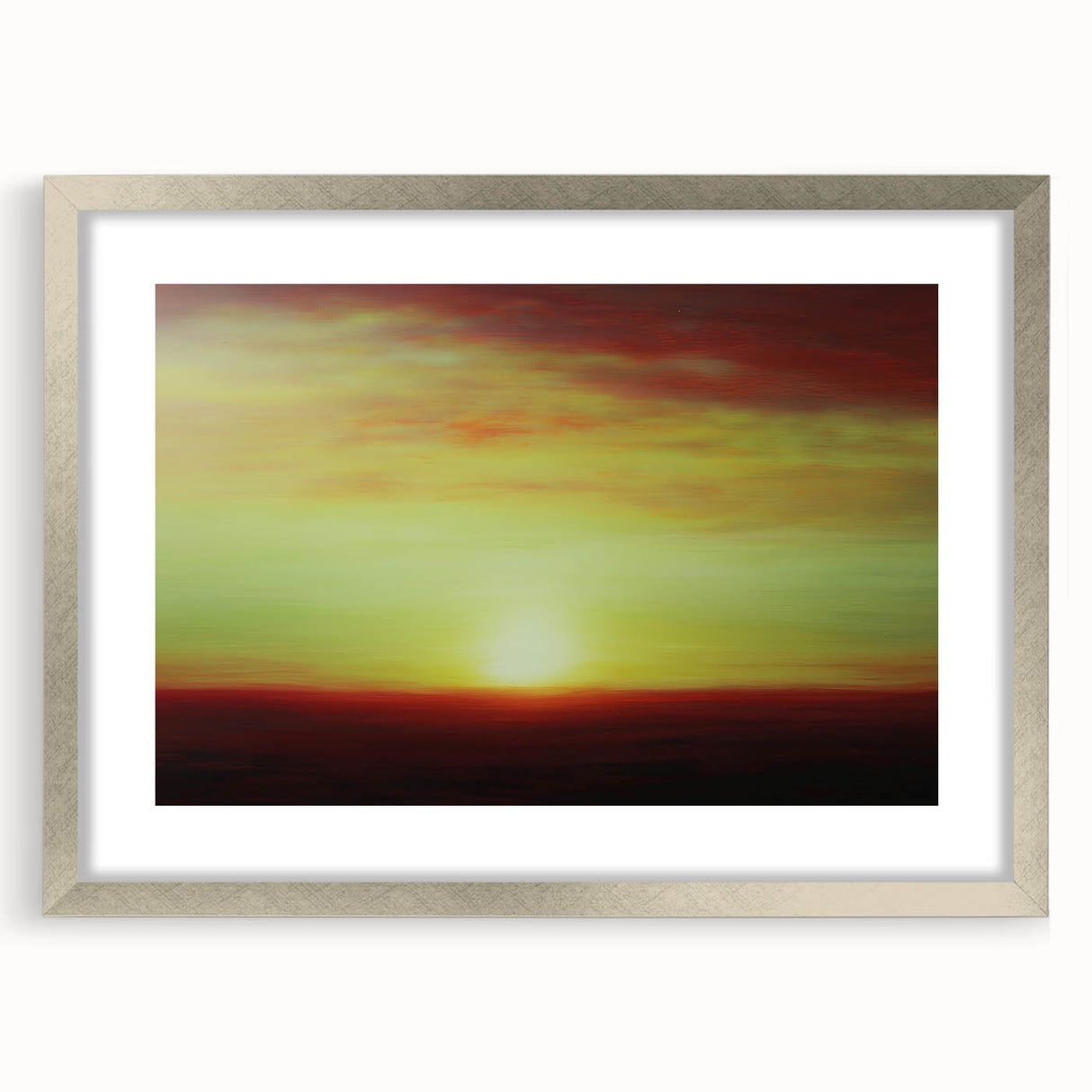 Abstract landscape framed artwork in a silver frame with a white mat, showcasing vibrant colors and textures, perfect for modern home decor.