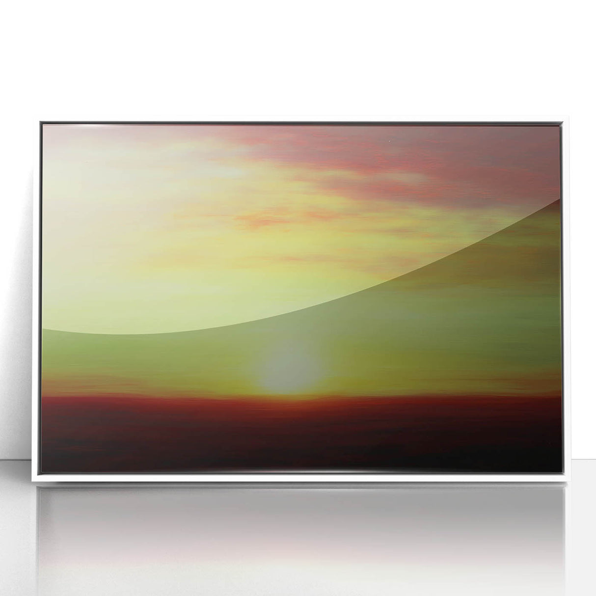 Framed acrylic artwork showcasing an abstract landscape in vibrant colors, set against a sleek white frame, perfect for modern home decor. Ideal for enhancing living spaces with contemporary artistic flair.