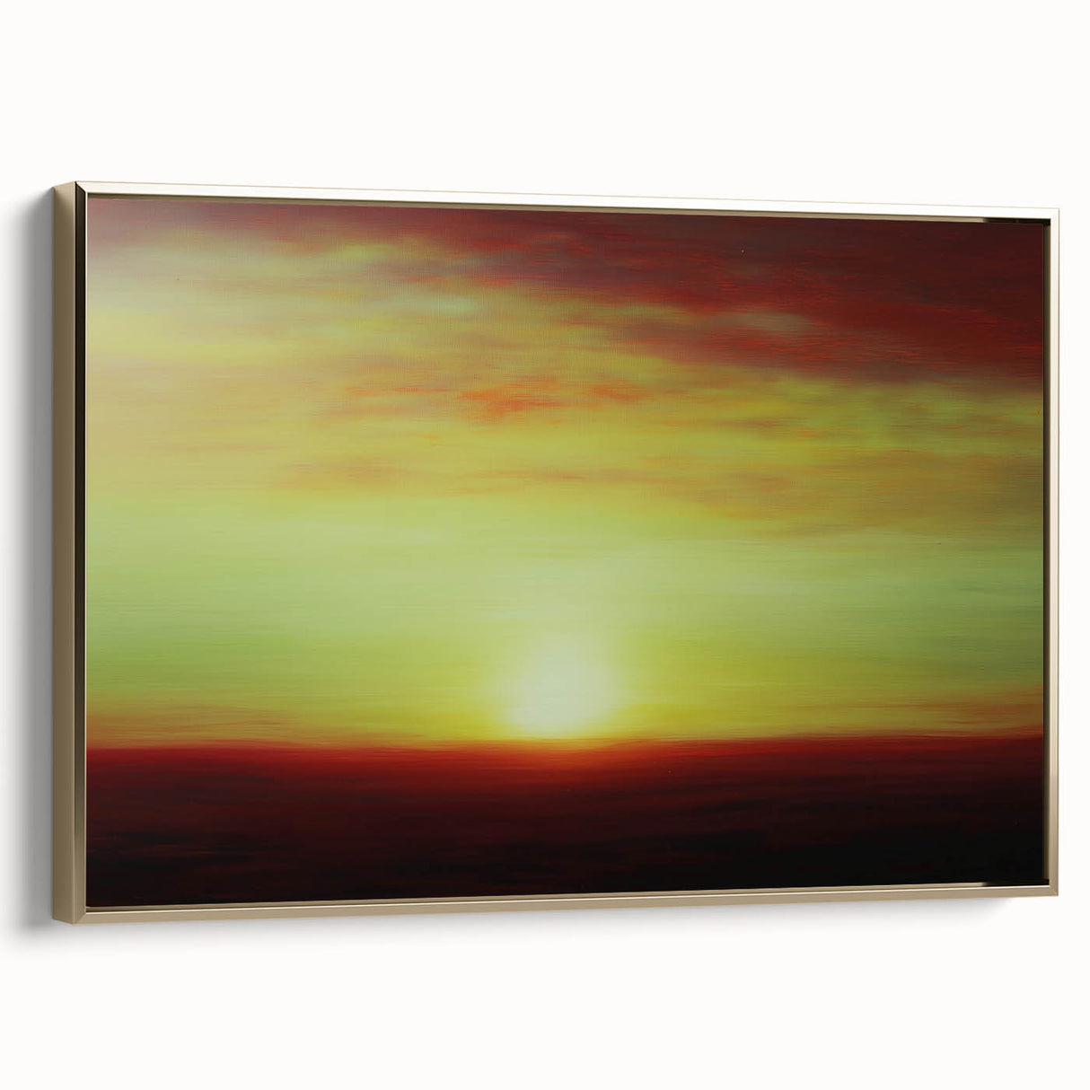 Framed canvas artwork showcasing an abstract landscape with rich gold accents, elegantly displayed in a side view to highlight its modern design and texture. Ideal for enhancing contemporary home decor.