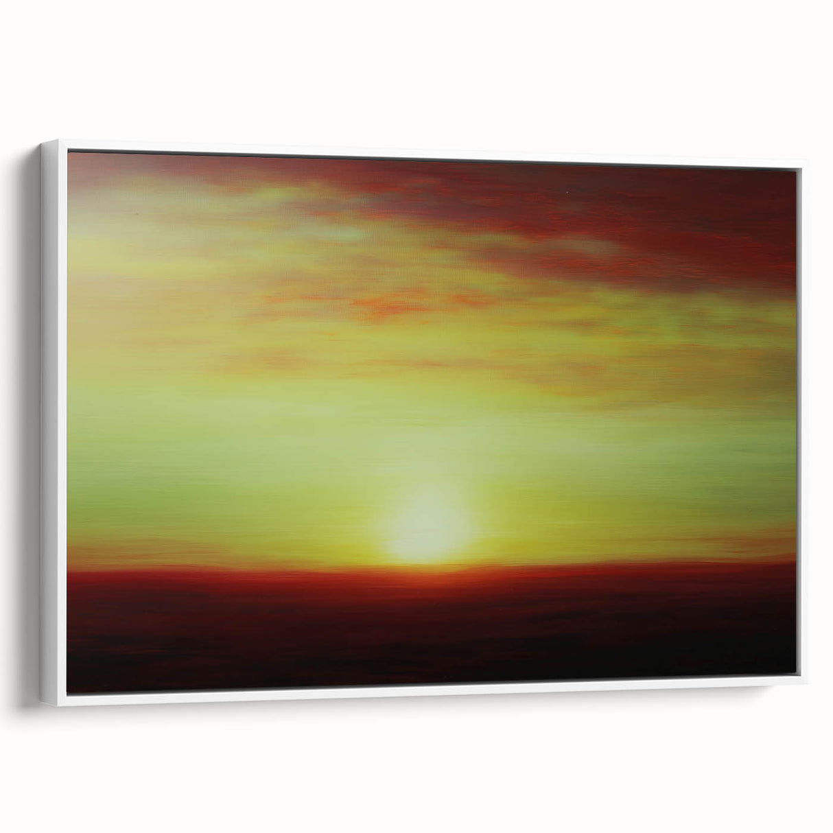 Framed abstract landscape canvas artwork with a white border, showcasing vibrant colors and dynamic shapes, ideal for modern home decor or office spaces.