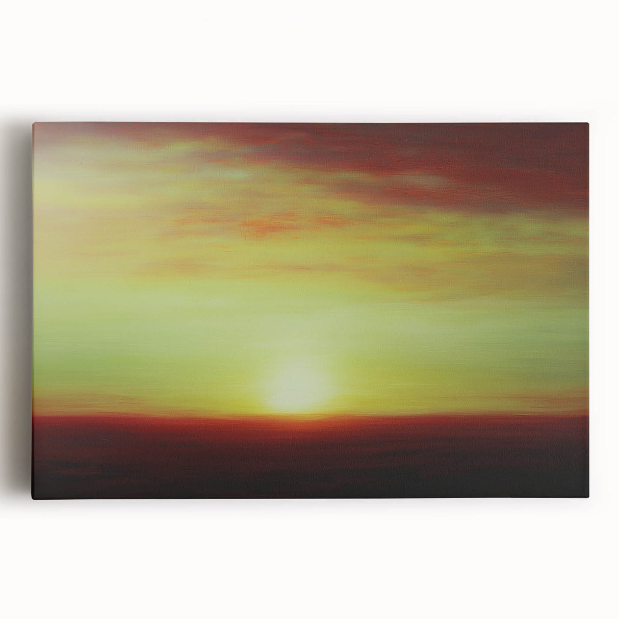 Abstract landscape stretched canvas artwork showcasing vibrant hues of blue, green, and gold, perfect for modern home decor. Ideal for adding a calming ambiance to any room.