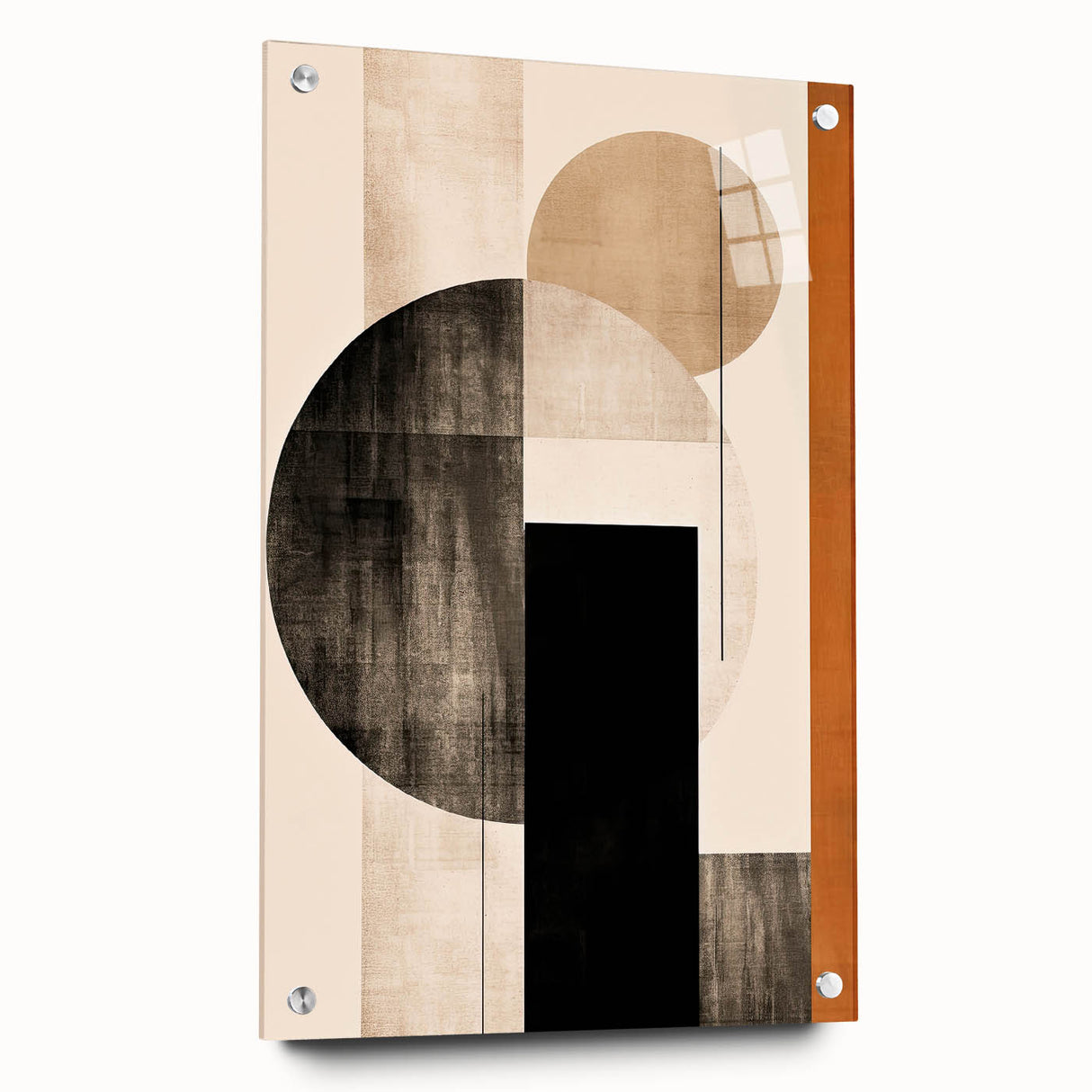 Abstract minimalist wall art design displayed in a side view, featuring vibrant colors and textures, mounted with pins on a sleek acrylic glass for modern decor.