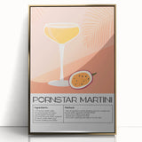 Large art print of a mid-century modernist food and drinks theme in gold tones, framed acrylic.