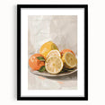 Extra large abstract art print featuring vibrant, colorful fruits on textured canvas, framed in black.
