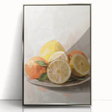 Mid-century modernist art featuring an array of colorful fruits on a silver-framed acrylic print.