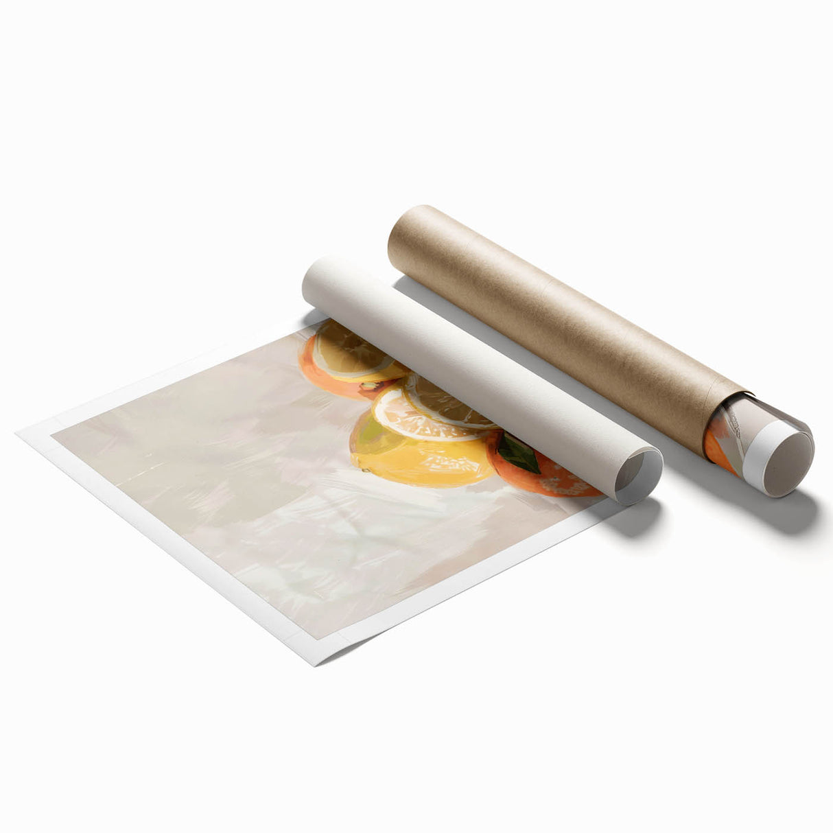 Extra large rolled print featuring an array of vibrant fruits and floral elements on a white background.
