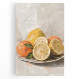 Black and white large art print of assorted fruits on stretched canvas, suitable for kitchen wall art.
