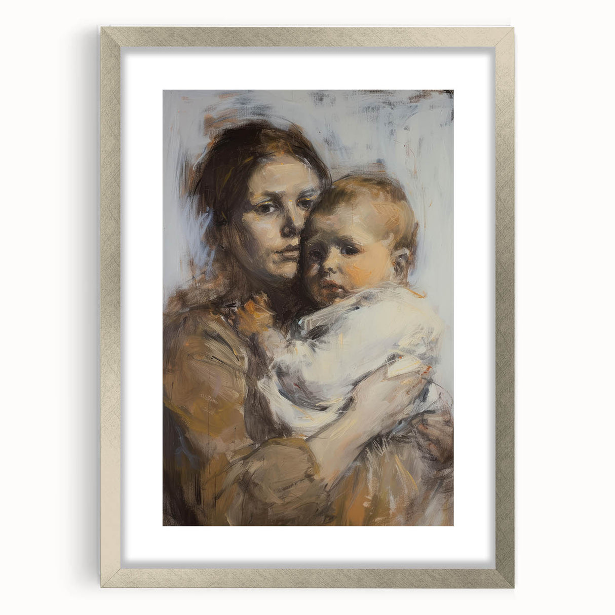 Abstract figurative frame with a silver mat, showcasing a modern art design, ideal for contemporary decor and enhancing interior aesthetics.