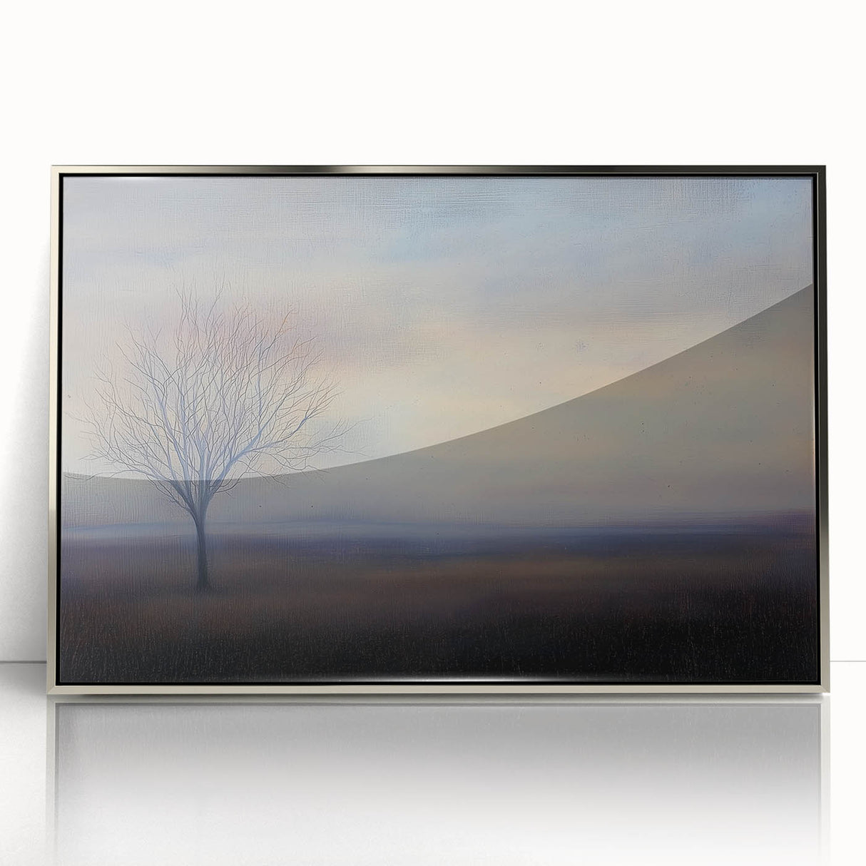 Framed acrylic artwork showcasing an abstract landscape design in silver tones, featuring soft curves and dynamic shapes, ideal for modern home decor.
