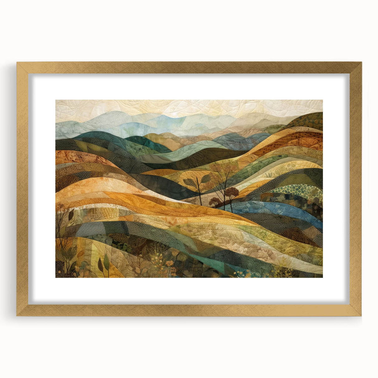 Extra large abstract art print featuring textured autumnal hues on a gold-framed canvas, ideal for living room decor.