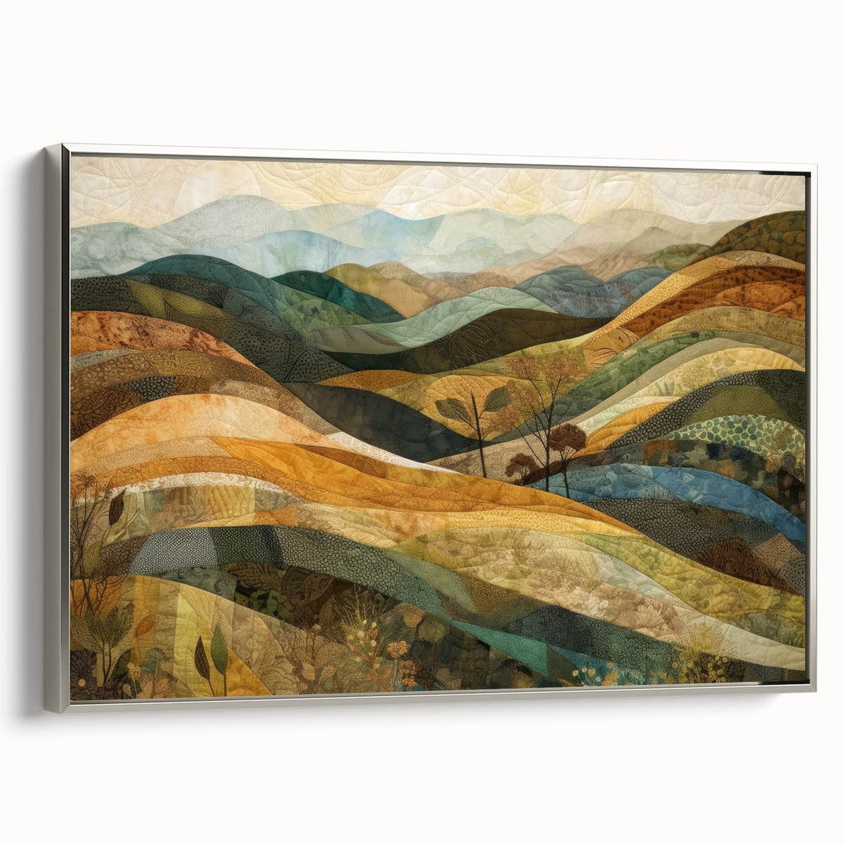 Framed canvas featuring a vintage landscape painting of autumn trees in vibrant red and orange hues.