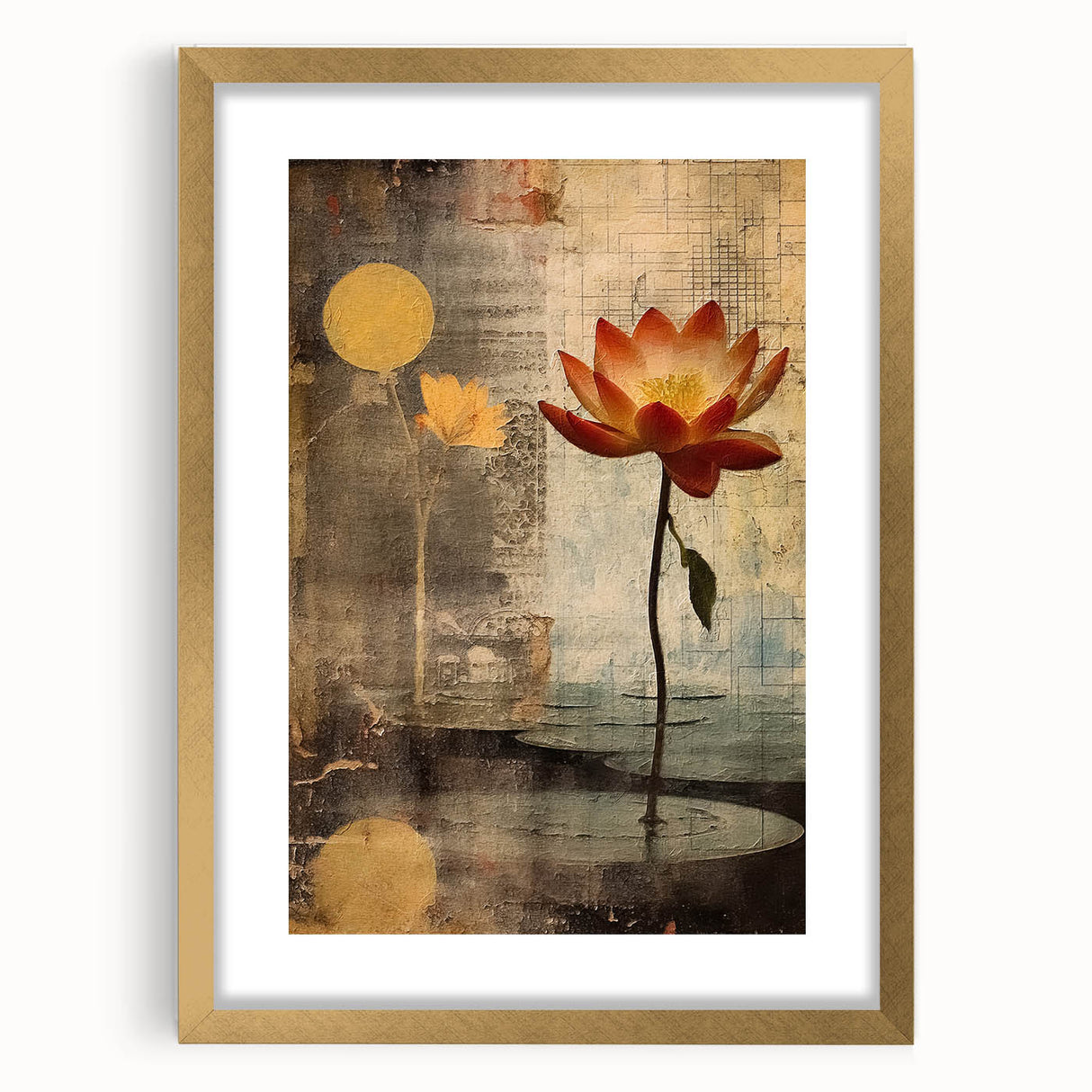 Elegant Lotus Floral Wall Art – Gold & Brown Modern Canvas Print
