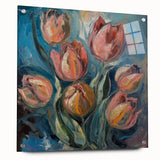 Abstract floral acrylic glass artwork showcasing vibrant colors and intricate designs, displayed from a side view with visible mounting pins for easy installation.