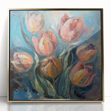 Framed acrylic artwork showcasing a vibrant abstract floral design with gold accents, perfect for enhancing modern home decor. The piece combines colorful blooms with a sleek frame, adding elegance and sophistication to any wall.