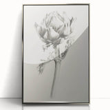 Framed acrylic artwork showcasing vibrant abstract floral design in silver tones, ideal for modern decor. Perfect for enhancing living room aesthetics.
