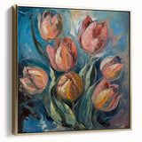 Abstract floral artwork framed in silver and gold, showcasing vibrant colors and intricate designs, perfect for modern home decor and wall enhancement.
