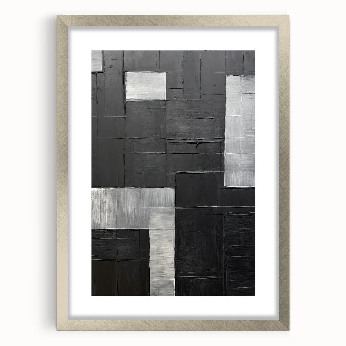 Abstract minimalist wall art framed in silver with a mat, showcasing a sleek design perfect for modern decor. Ideal for enhancing contemporary living spaces.