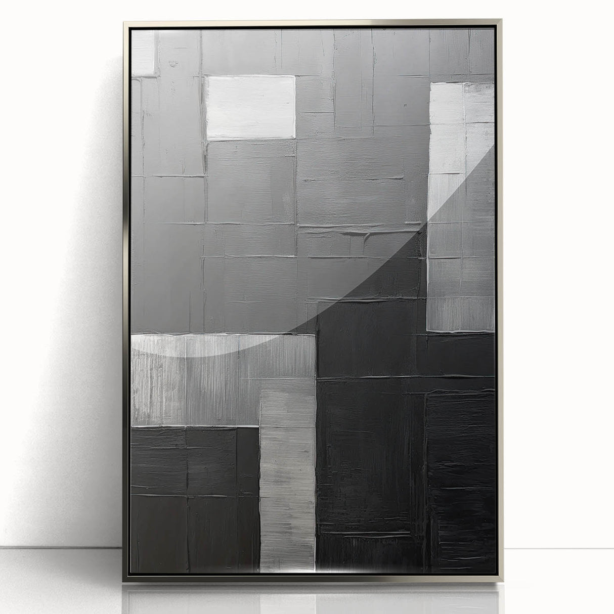 Framed abstract minimalist wall art design in silver acrylic, displaying geometric shapes and soft color gradients, ideal for modern home decor.