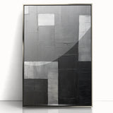 Framed abstract minimalist wall art design in silver acrylic, displaying geometric shapes and soft color gradients, ideal for modern home decor.