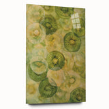 Large abstract wall art depicting assorted fruits in vibrant colors on acrylic glass, ideal for bedroom or dining room decor.