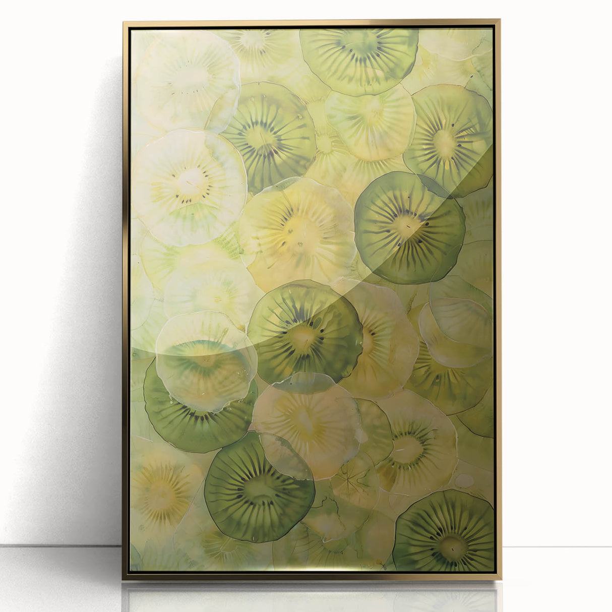Mid-century modernist acrylic print of assorted fruits in vibrant colors, framed in gold, suitable for modern kitchen decor.