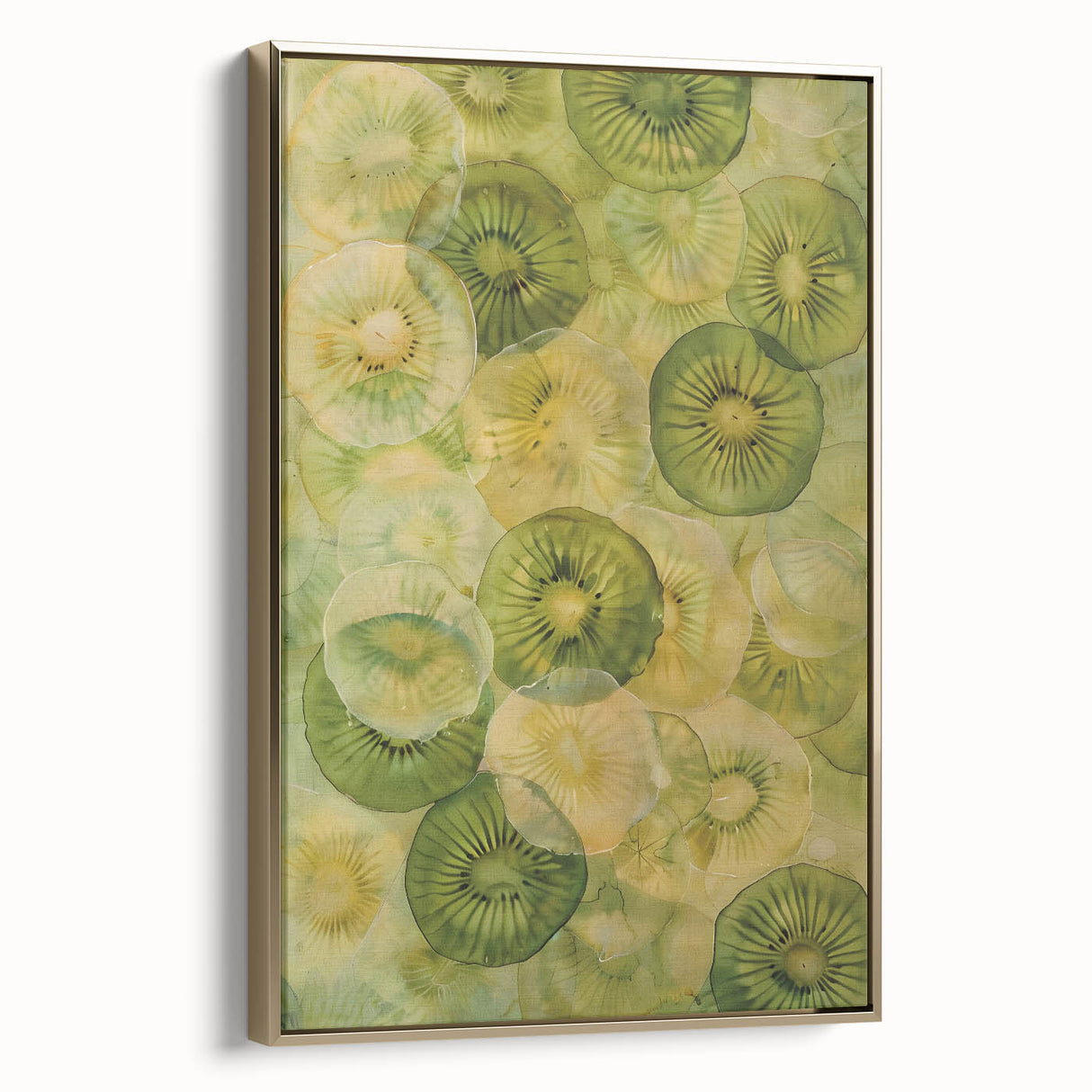 Framed canvas featuring a vintage poster of assorted fruits in muted gold and black tones, suitable for bedroom wall art.