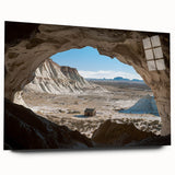 Acrylic landscape artwork showcasing a vibrant cave scene printed on glass, viewed from the side, emphasizing rich colors and intricate details for modern decor.