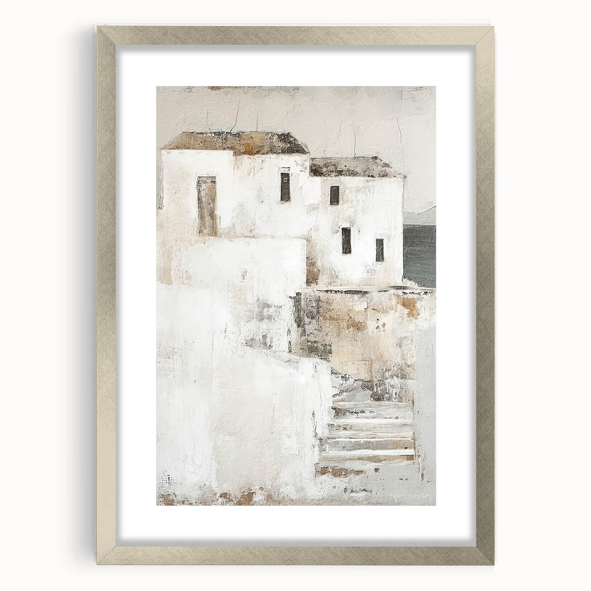 Abstract architectural wall art framed in silver, showcasing geometric patterns and soft colors, perfect for modern home decor. Ideal for enhancing contemporary interiors.