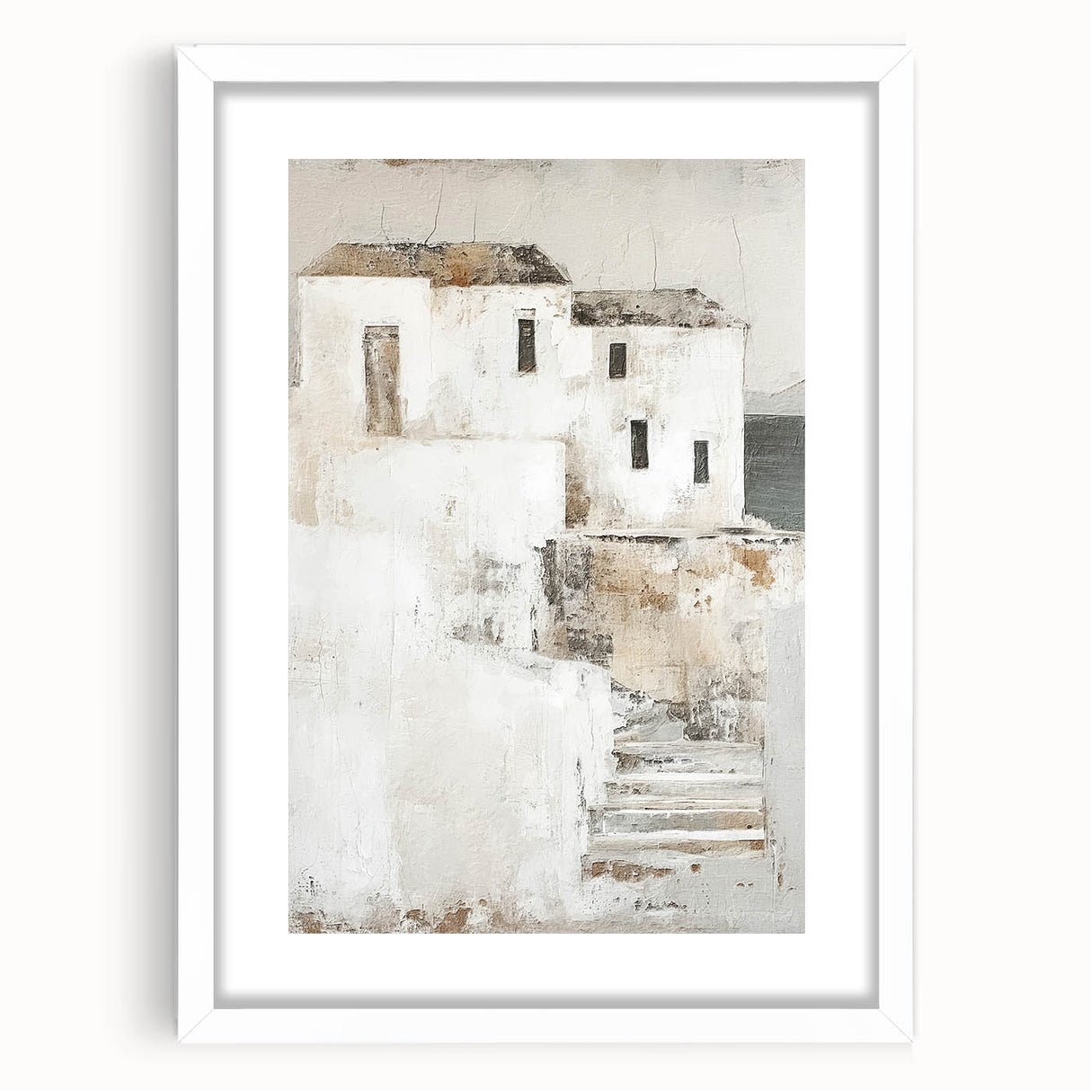 Abstract architectural wall art featuring geometric shapes and muted colors, framed with a white mat, showcasing modern design elements suitable for contemporary decor.