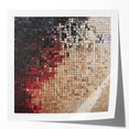 Abstract geometric art print in vibrant colors, featuring sharp angles and dynamic shapes, displayed on a glossy surface, perfect for modern home decor.